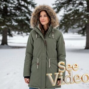 EDDIE BAUER Ladder Creek High Pile Green Parka Sherpa|Flannel Lining, Faux Trim